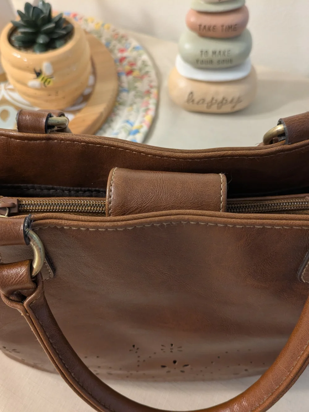 Rosetti Brown Satchel Bag With Crossbody Strap with Floral Cutouts, Coin Purse
